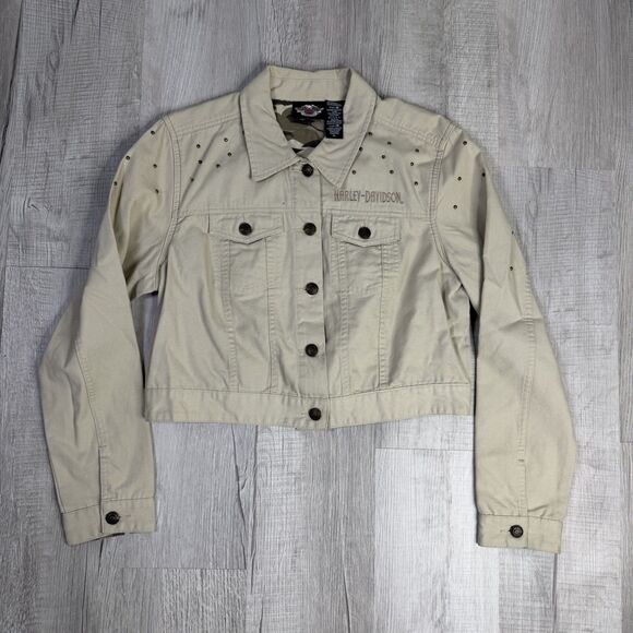 Harley-Davidson Jackets & Blazers - Harley Davidson Jacket Women’s Size XL Khaki Tan Studded Dazzle Cropped Biker J
